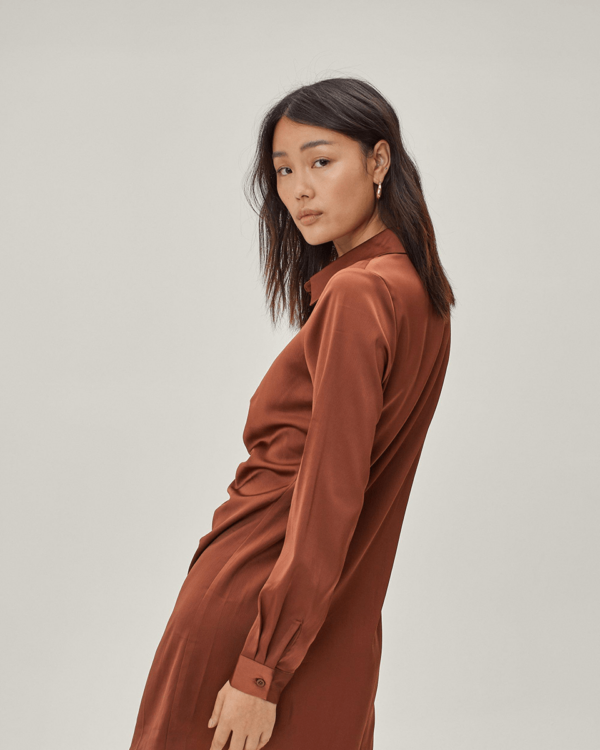 Sustainable Satin Ruched Front Shirt Mini Dress